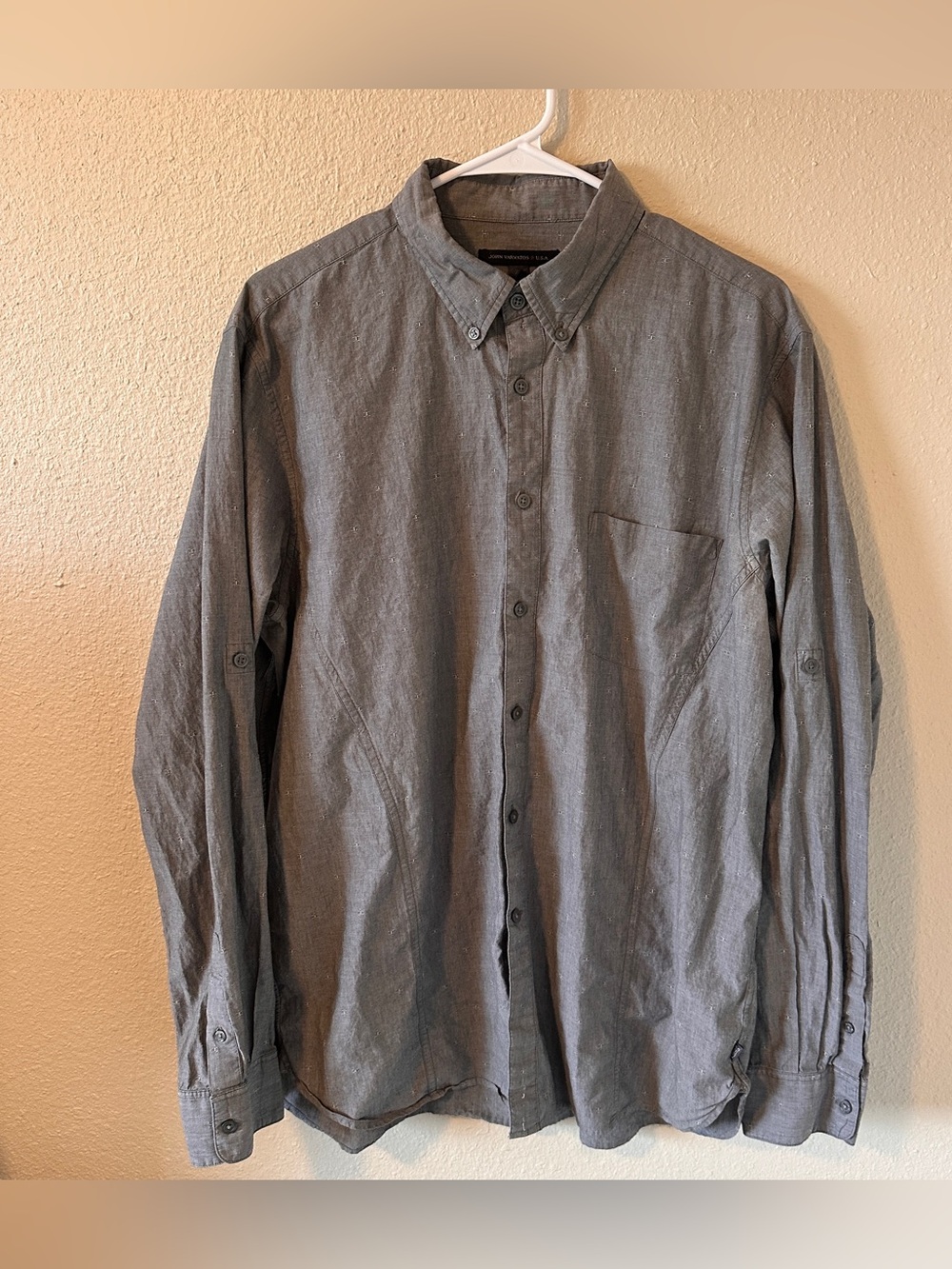 John Varvatos USA Mens XL Gray Cotton Button Down Shirt Long Sleeve Roll Tab